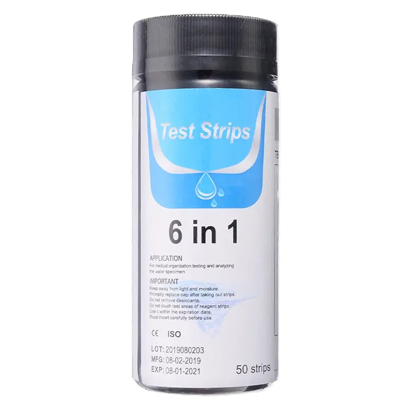 

50pcs PH Level Total Alkalinity Nitrite Free Chlorine Total Chlorine Hardness 6 Parameters Test Strips PH Meter