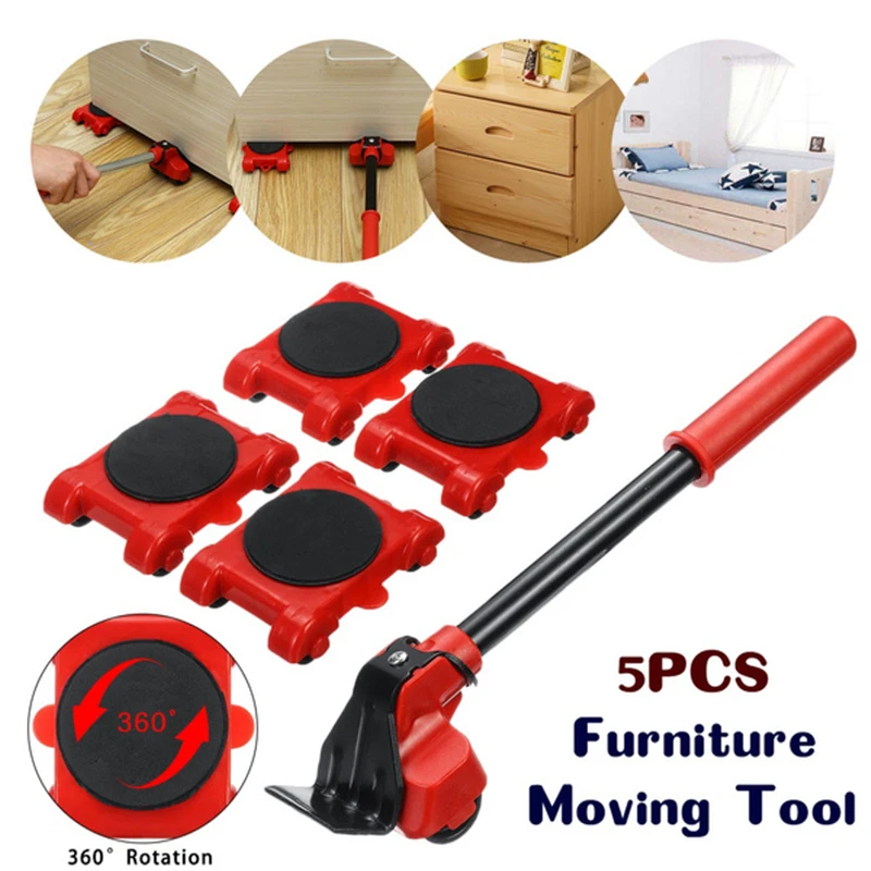 

5pcs/set Furniture Lifter Heavy Duty Furniture Mover Transport Moving System 4 Move Roller 1 Wheel Bar Lifting Hand Tool Set