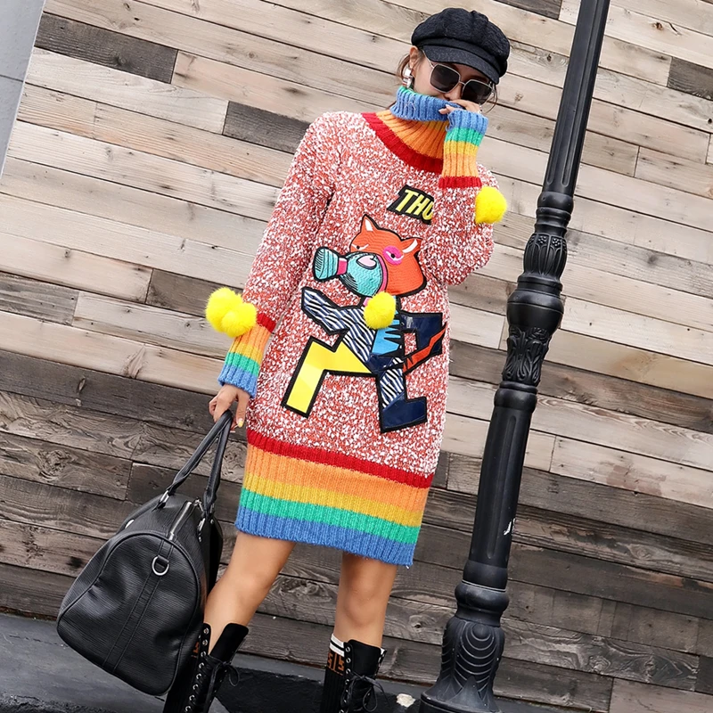 Осенне-зимний свитер с высоким воротником Женский Длинный рисунком радуги и