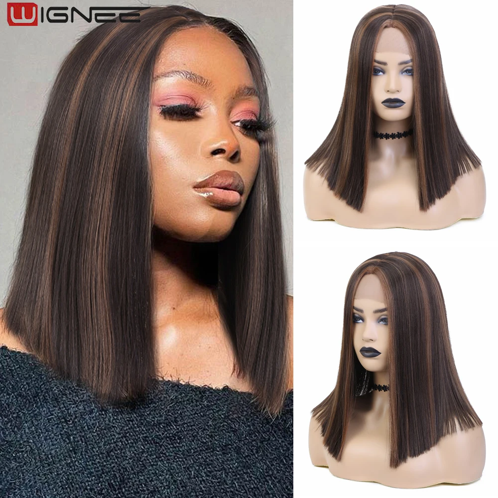 

Wignee Straight Lace Front Wig With Highlights Synthetic Wigs For Black Women Middle Part Blonde Bob Wig Short Wig Shoulder Leng