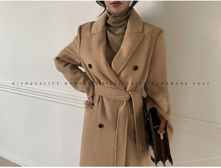 

2021 winter new Korean style suit collar lace up waist long double-sided tweed coat women's coat