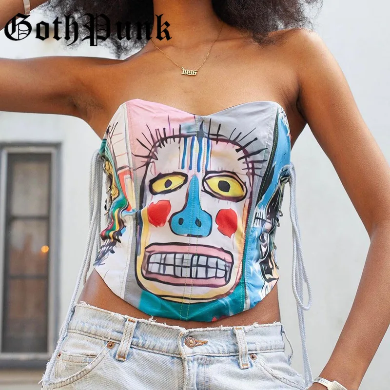 

Goth Punk Fun Print Bandage Crop Tops Grunge Bodycon Corset Tops Harajuku Drawstring Cut Out Strapless Camisole White Camis