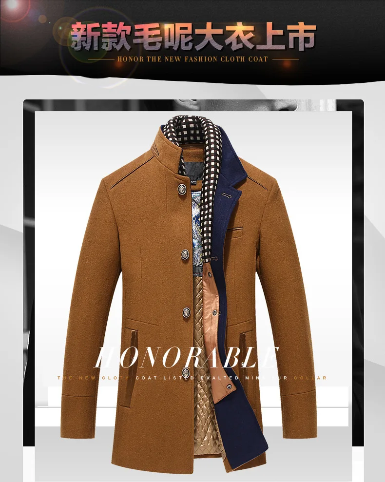 

Men's Wool Coat Winter Cashmere Jacket Men Casual Windbreaker Long Slim Fit Trench Coat Thick Woolen With Detachable Scarf Coats