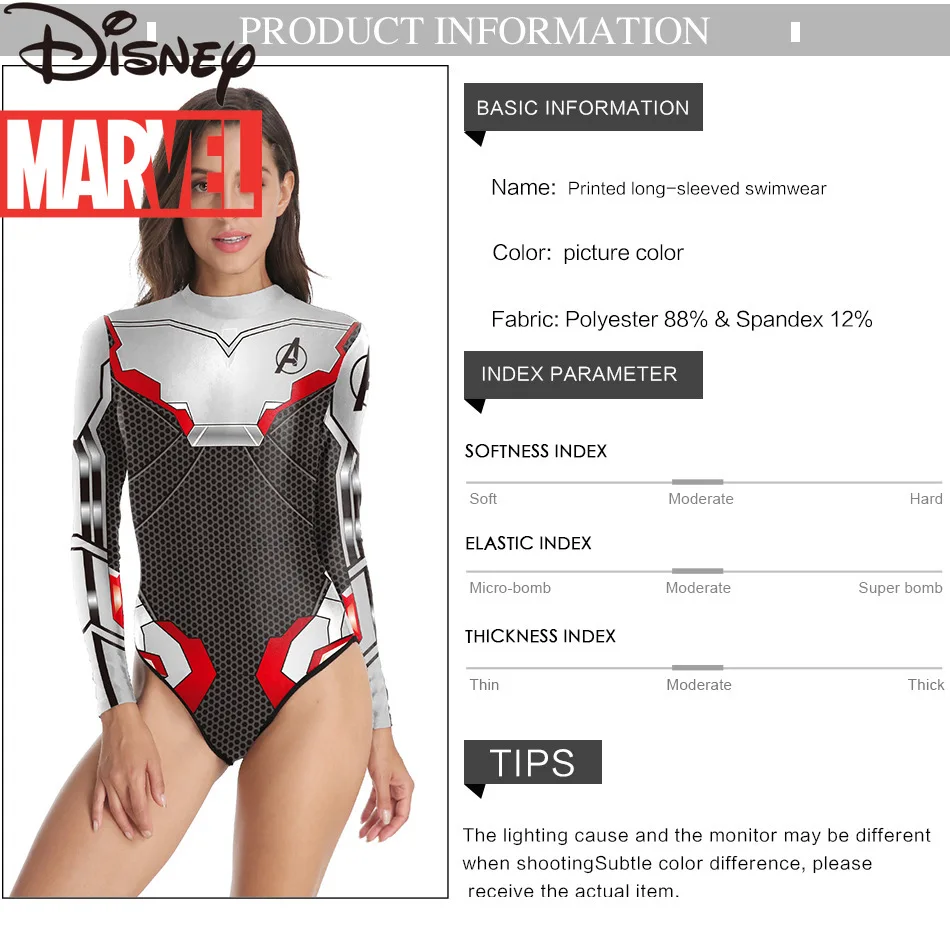 Marvel Heroes Avengers 4 Quantum Battlesuit 3D Digital Printing Long Sleeve Ladies Swimsuit Beach Swimsuit Cover Up