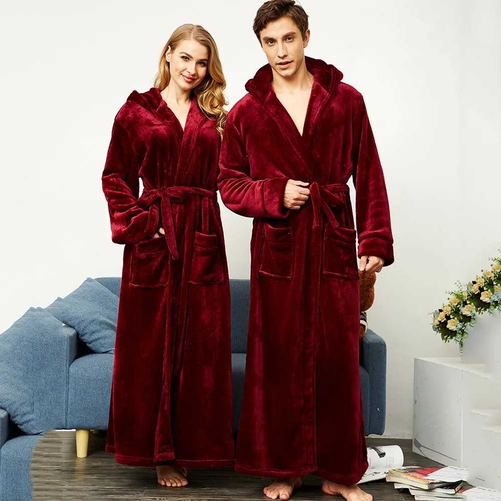 Winter Warm Ultral Long Flannel Men Robe Gown Casual Loose HOOD Sleepwear For 130KG Bathrobe MEN&WOMEN Thick Large Home Clothes