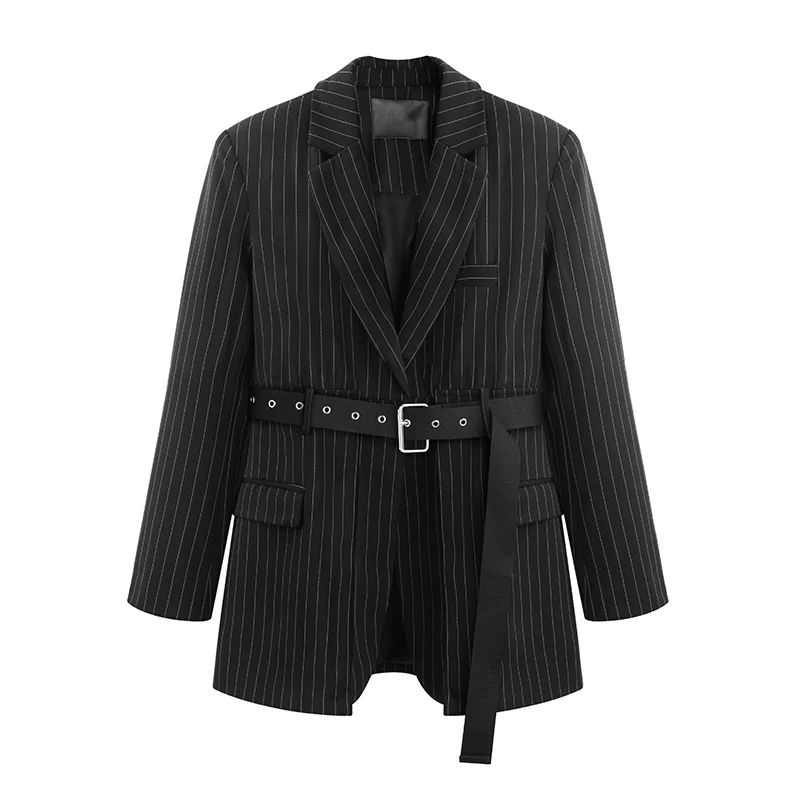 KINOMI Модный Полосатый Женский блейзер с поясом и зубчатым длинным рукавом Черная