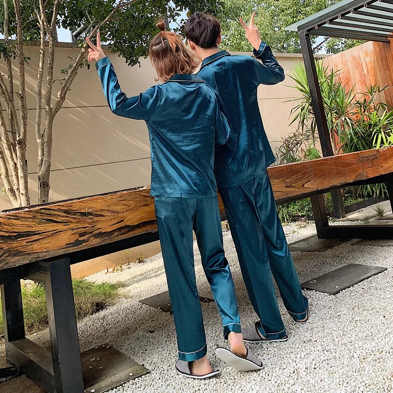 Champagne Couple Silk Satin Pajamas Pyjamas Set Long Sleeve Sleepwear Pijama Pajamas Suit Women And Man Sleep 2PC Set Loungewear