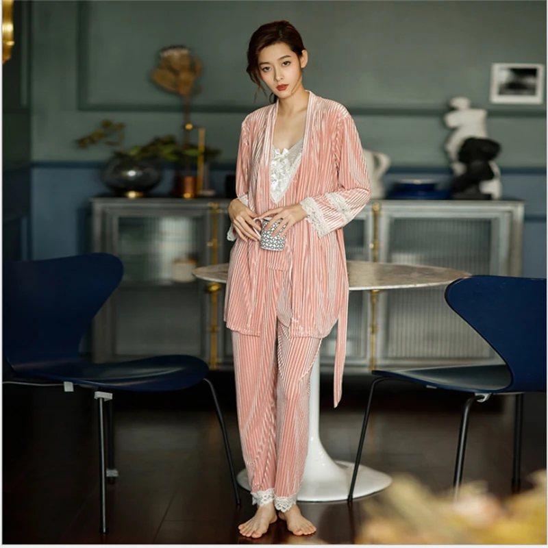 

Women Sexy Pajama Sets 3 Pieces Lace Spliced Pajamas Long Sleeve Long Pants With Camisole Velour Home Clothes Solid Stripes