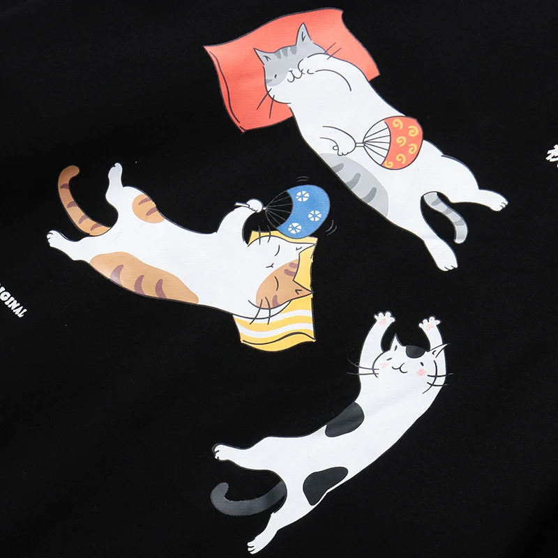 

Men Hip Hop Streetwear Hoodie Funny Sleeping Cats Japanese Harajuku Hoodie Sweatshirt Fleece Winter Autumn Pullover Cotton