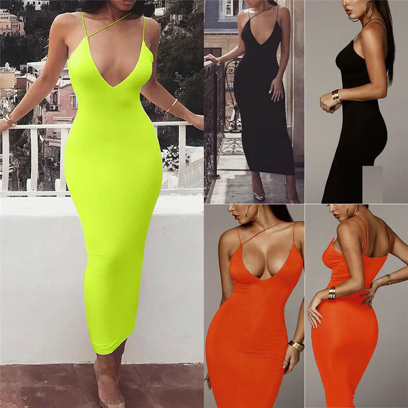 

2021 Women Sexy Bodycon Sleeveless Strap Deep V-neck Dress Hollow Out Solid Clubwear Party Long Maxi Dress Sundress New Arrival