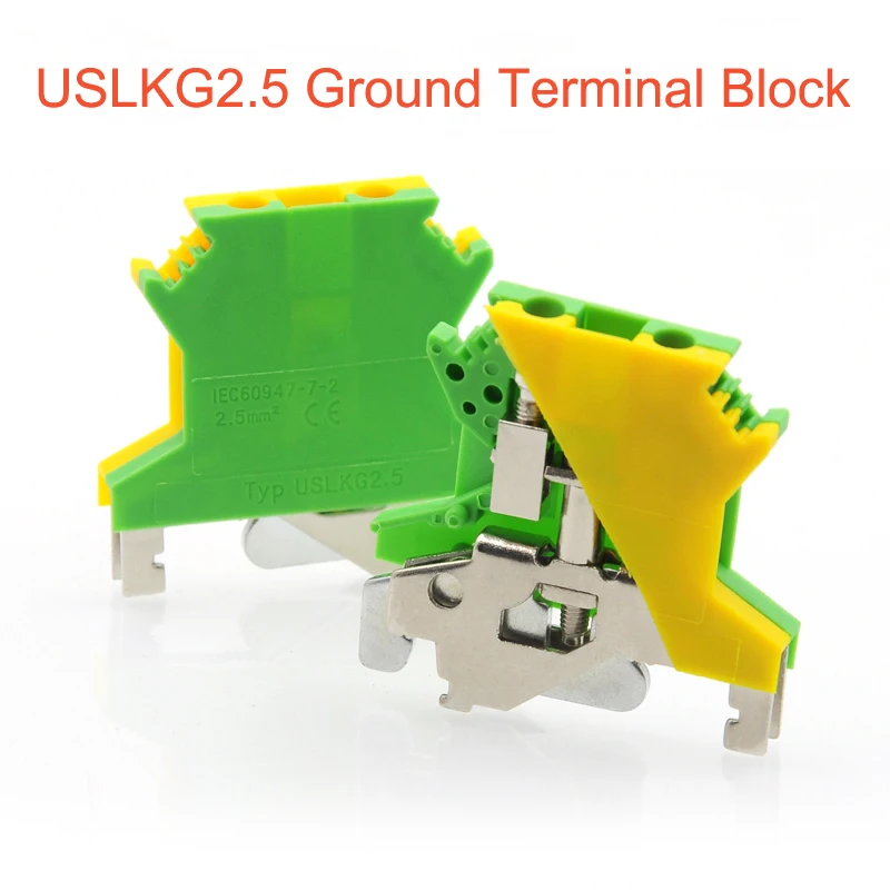 

5Pcs Ground Terminal Blocks USLKG2.5 DIN Rail Screw Bornier UK-2.5B Yellow Green Earthing Morsettiera Connector 14AWG 2.5mm²