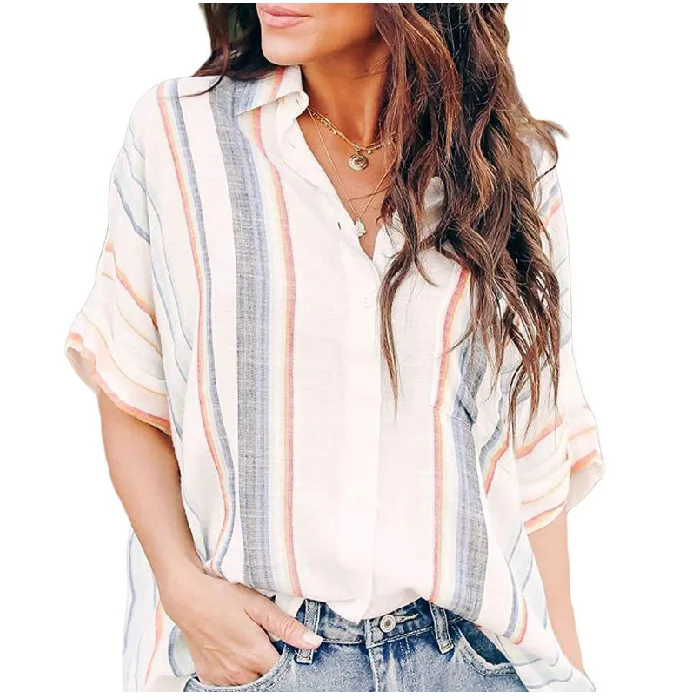 

2020 Women's Summer Cardigan Striped Pocket Short Sleeve Shirt Women Loose Blouse women tops
