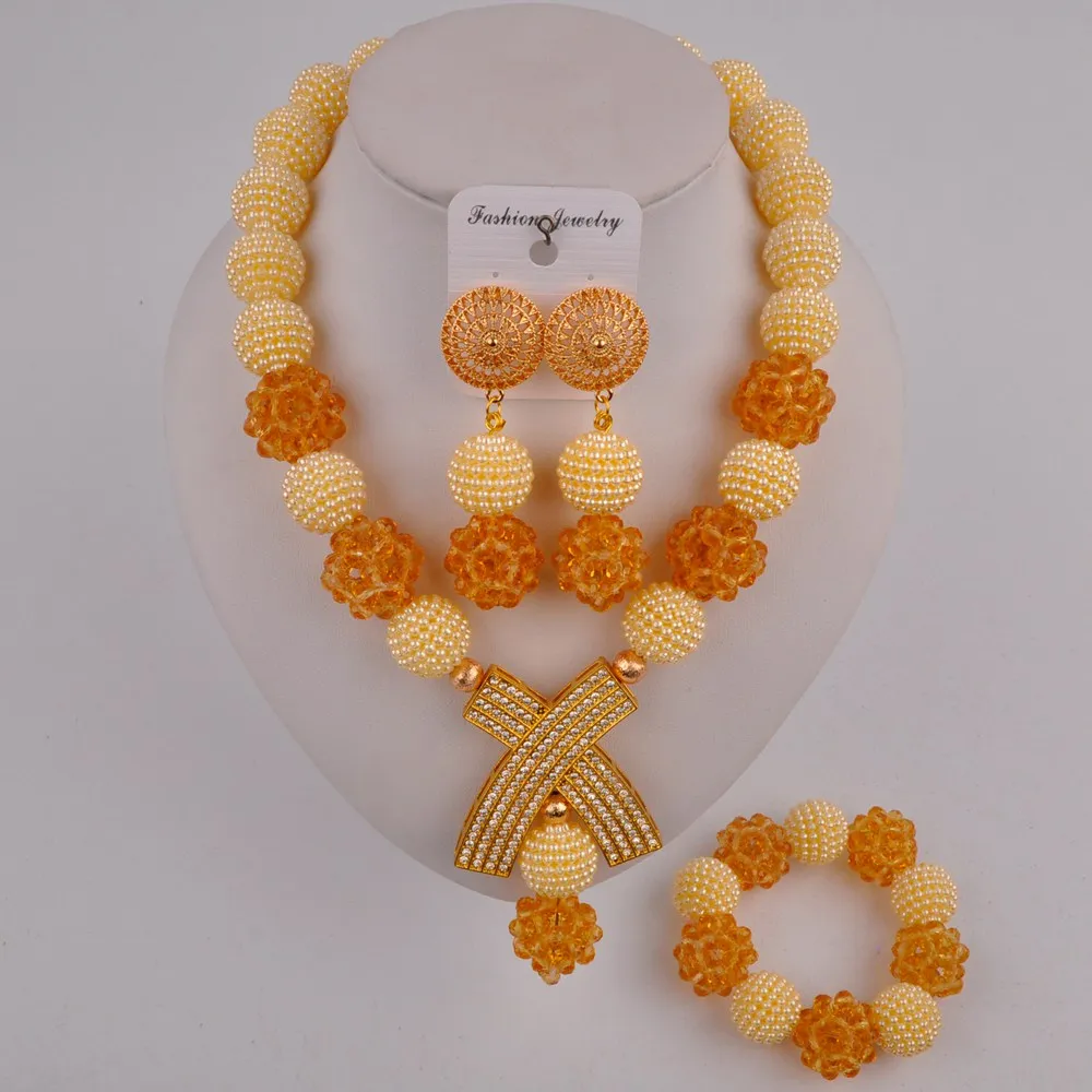 

beautiful beige simulated pearl and champagne gold crystal african beads jewelry set FZZ105