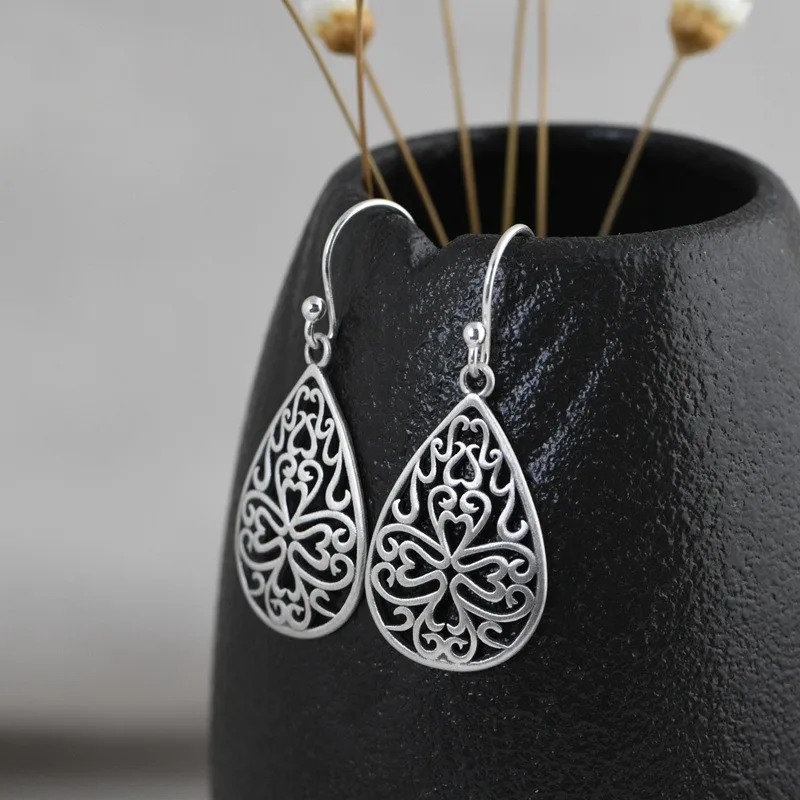 

925 Sterling Silver Dangle Earrings Women Hollow Earring Drop Silver Vintage Jewelry Hook Earing Ethnic
