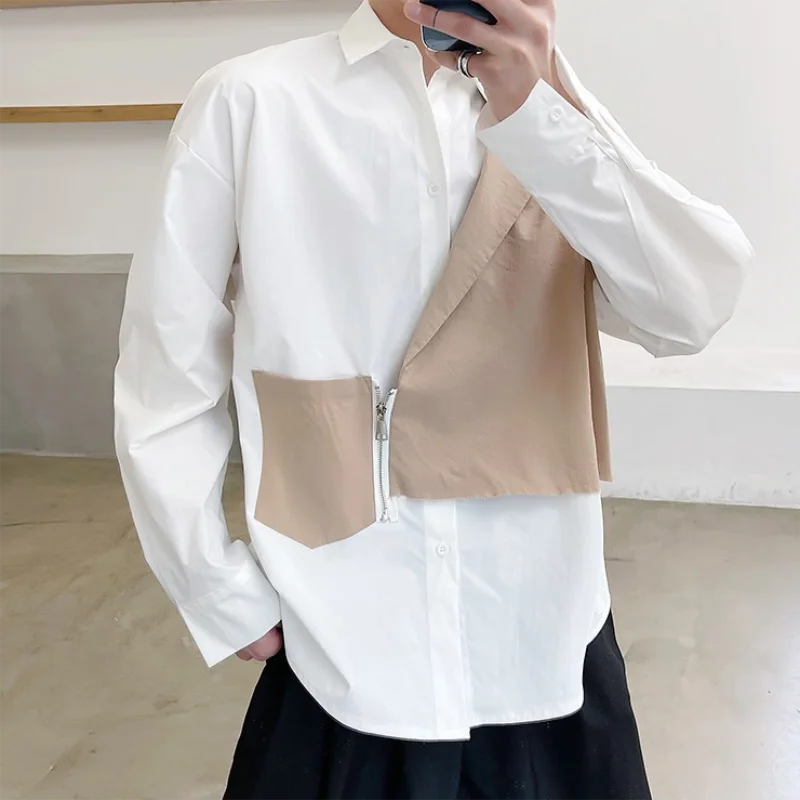 Men's Long-Sleeve Shirt Spring And Autumn New Style Personality Stitching False Two Korean Fashion Youth Popular Large Size Shir