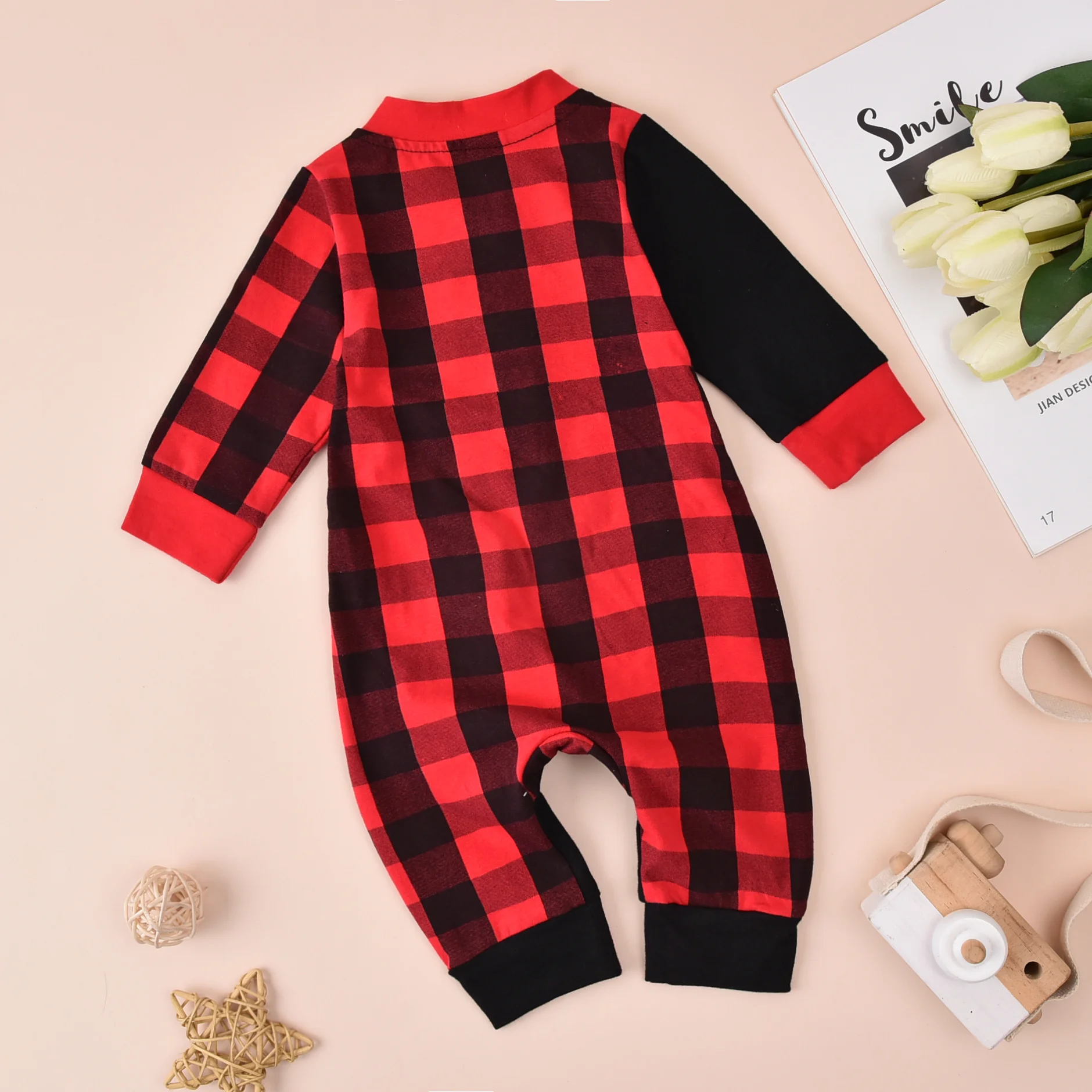 

Newborn Baby Girls Boys Long Sleeve Jumpsuit Autumn Fashion Plaid Pockets Stitching Snap Open One Piece Long Pants 0-18M