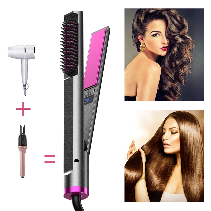 

3 In 1 Hair Curler Straightener Comb Hot Heating Comb Dry &Wet Hair Straight Styler Straightening Brush Corrugation Curling Iron