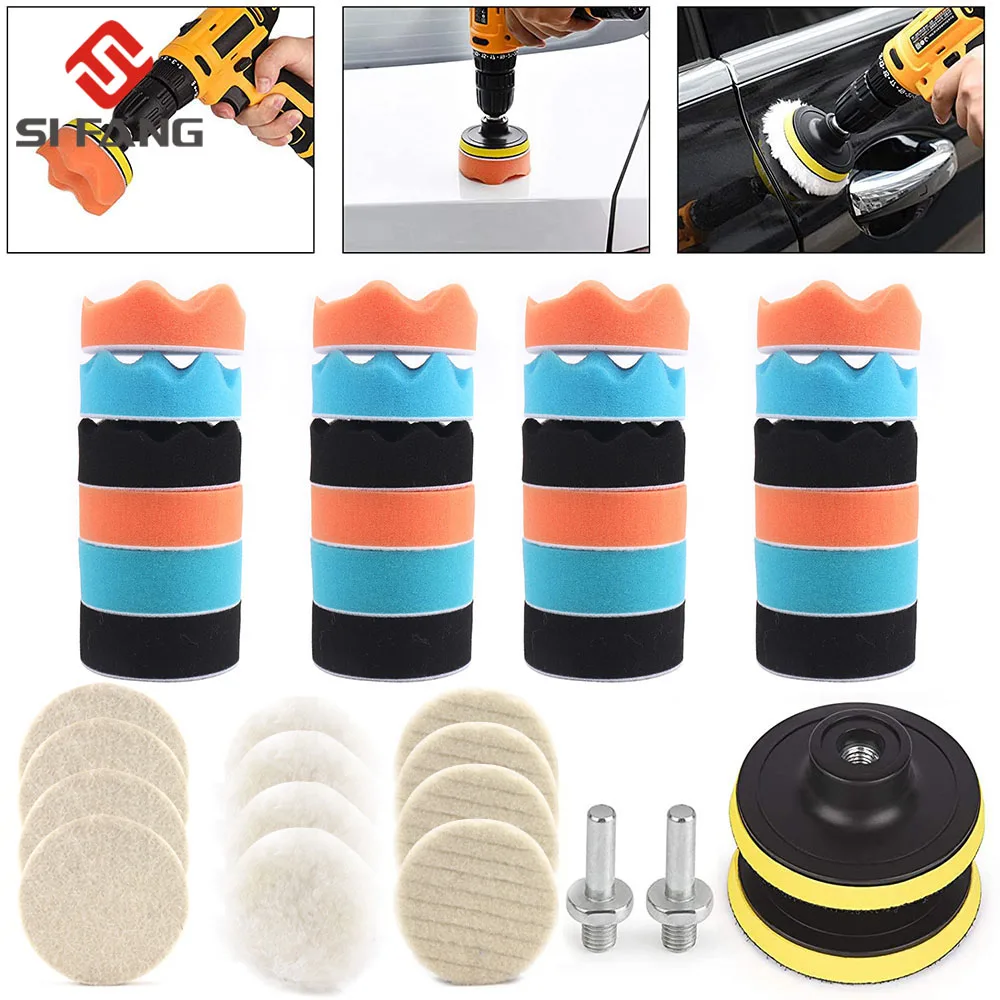 

38Pcs/Set 3inch Car Polishing Disc Self-Adhesive Buffing Waxing Sponge Wool Wheel Polishing Pad For Car Polisher Drill Adapter