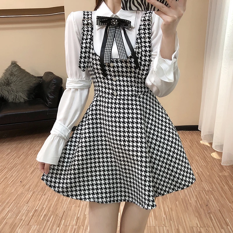 

Retro Women Design White Long Sleeve Bowknot Blouse And Sleeveless Suspender Short Houndstooth Dress 2PCS Set Female Autumn