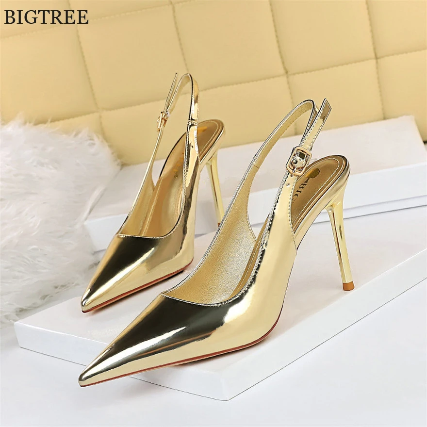 

2022 New Patent Leather Fashion Slingback Shoes Women Pumps Autumn Pointed Toe High Heels Ladies Gold Silver Party Wedding Shoes