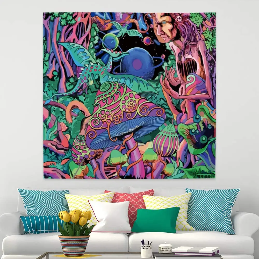 Триппи грибы гобелен хиппи искусство психоделический лес пришельцы летающий