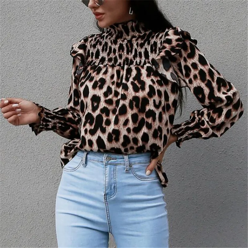 

Summer Long Sleeve Blouse Women Autumn Spring High Neck Shirts Office Work Blouse Solid Vintage Blouse Leopard Printed Shirts