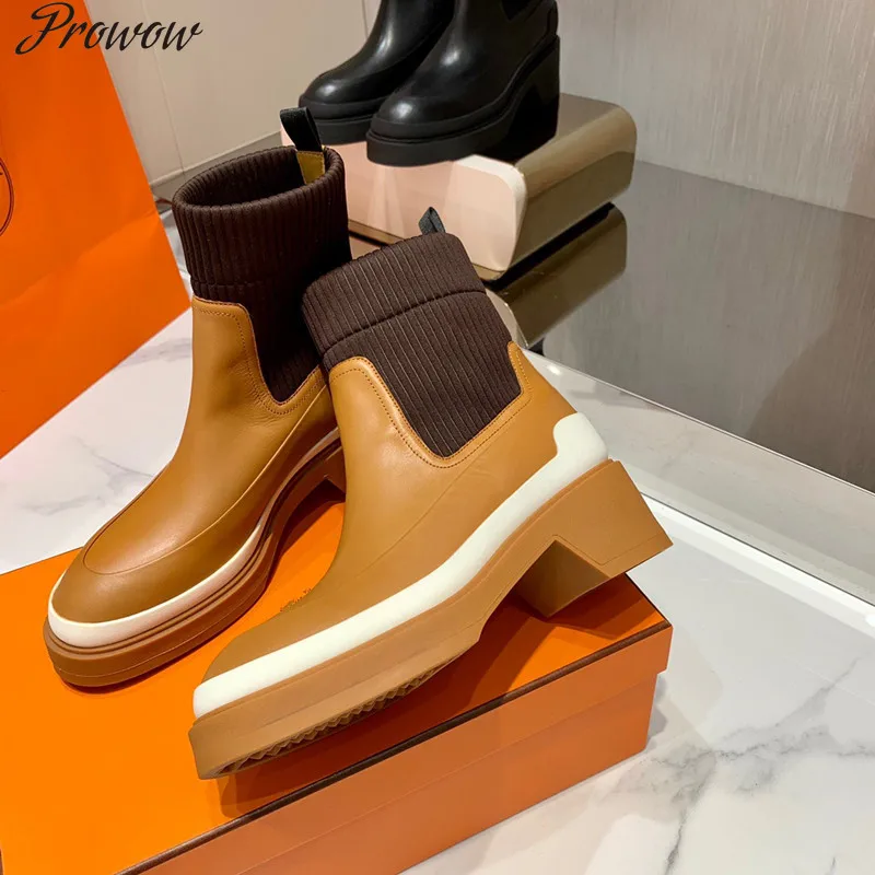 

Prowow Round Toe Square Heels Sock Boots Luxury Women Stretch Boots Designer Genuine Leather Women Boots Short Boots