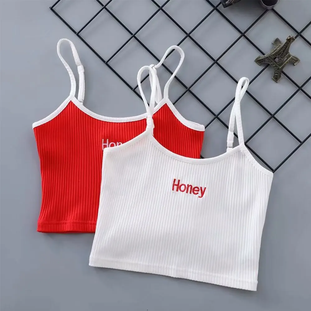 

Sexy Women Crop Top New Summer Letter Embroidery Strap Tank Tops Cropped Feminino Ladies Elastic Shirt Short Vest Camisole