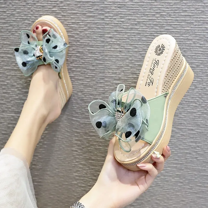 

Beach Shoes Ladies' Slippers Women Heels On A Wedge Butterfly-Knot Pantofle Platform Luxury Slides Sabot High 2021 Designer Fash