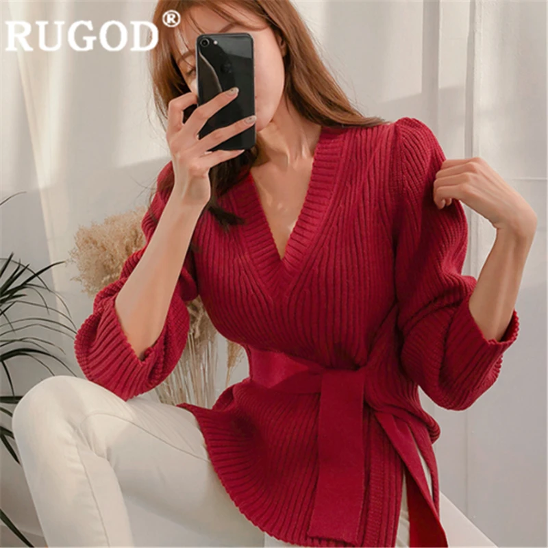 Однотонный красный вязаный свитер жилет пуловер с V-образным вырезом