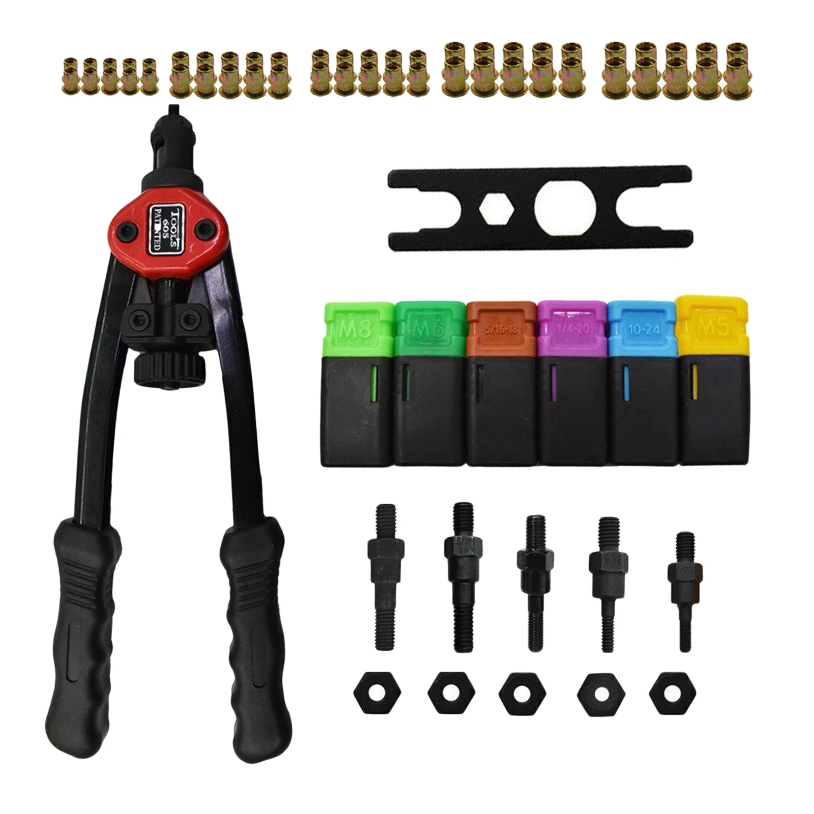 

BT-605 Hand Threaded Rivet Gun Kit Hand Rivet 60 Nuts Tool Hand Riveter Interchangeable Mandrels Metric & SAE