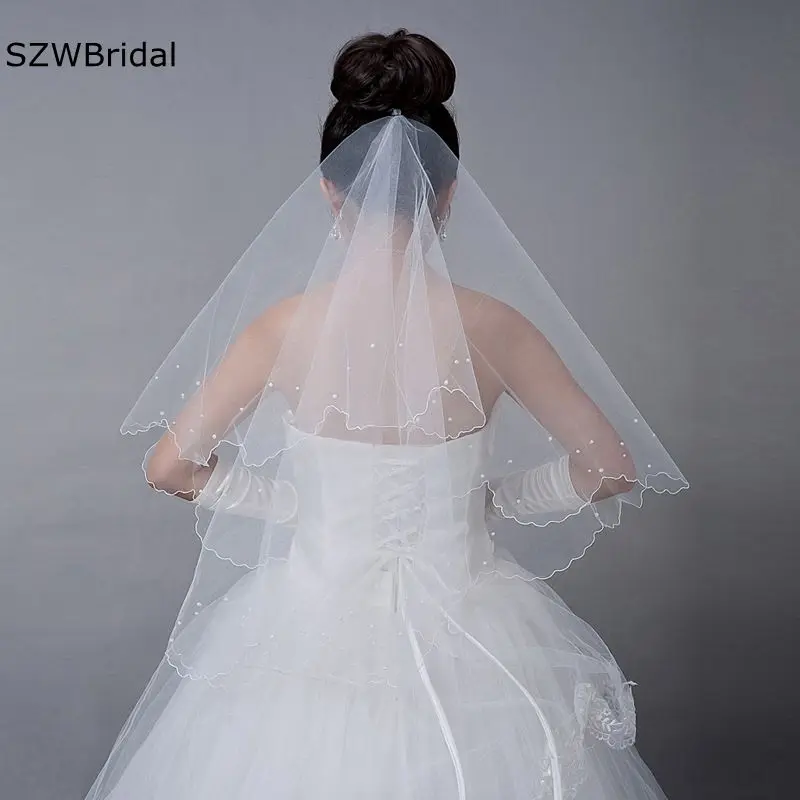 

In Stock Cheap Bridal Veils Pearls Beaded White Ivory Wedding Veil Wesele Veu de noiva sposa Cheap bride accessories wedding