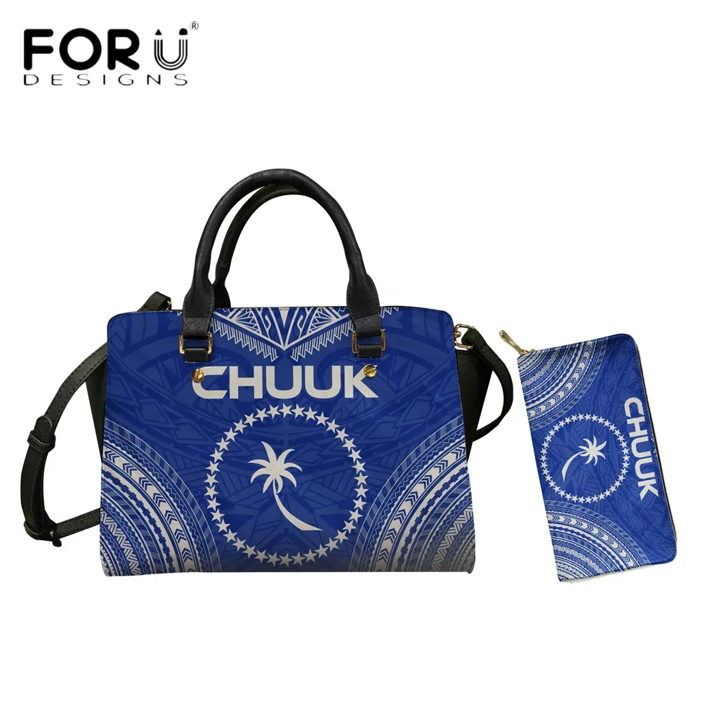

Новая модная женская сумка-тоут FORUDESIGNS из искусственной кожи и кошелек, комплект женских сумок с принтом синего Чука и полинезийских племен...