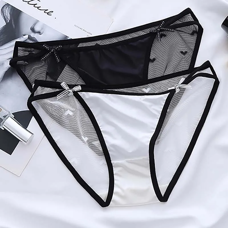 

Soft Breathable Net Yarn Bowknot Briefs Lingerie Low Rise Thin String Underpants Women Lace Mesh Heart Pattern Panties Underwear