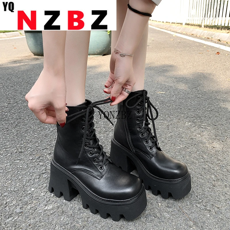 

2022 Platform Ankle Boots women Fashion Patent Leather Women Chunky High Heel Goth Boots Autumn Winter Lacing Woman Shoes boots