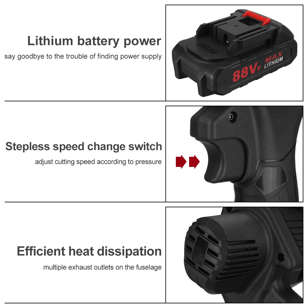 Sierra de cadena eléctrica de 6 pulgadas, 88Vf, 1200W, batería, poda de cadena, sierra de registro de jardín inalámbrica, cortador de carpintería, herramientas eléctricas