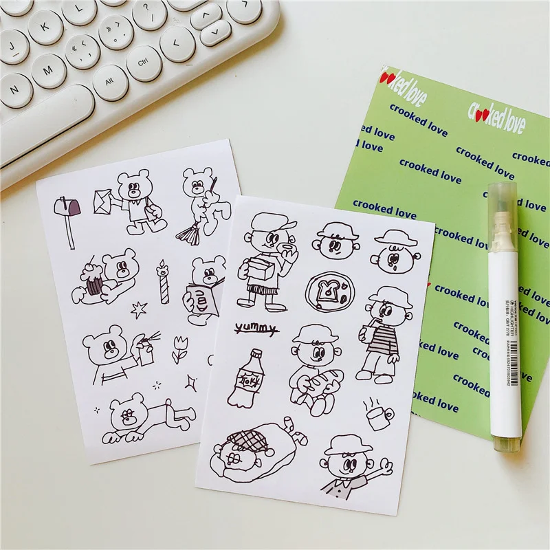 

Ins Cartoon Bear Boy Cute Stickers PVC Waterproof Black White Paster Stationery Mobile Phone Kawaii Diy Decorative Sticker