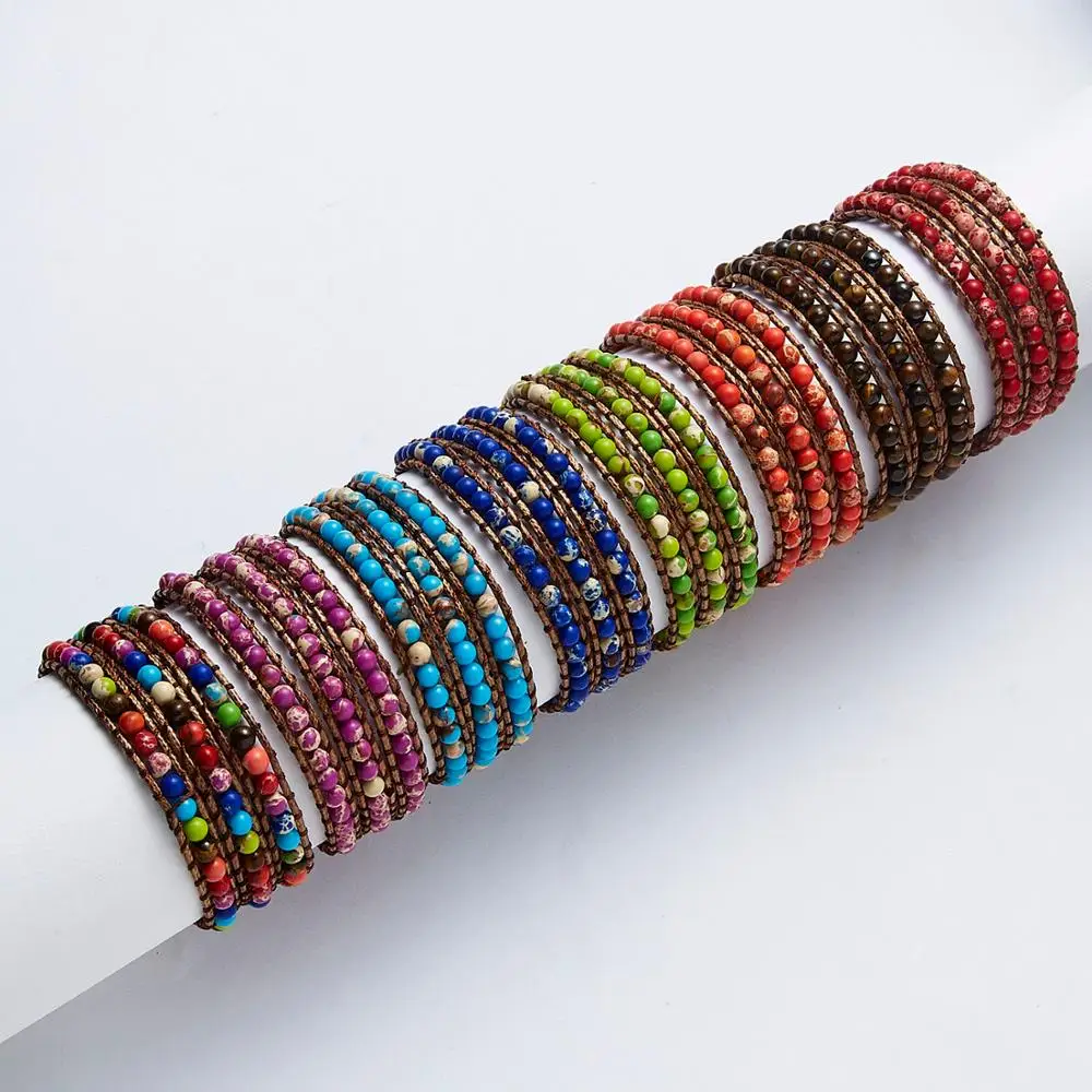 

Rinhoo 4mm Multicolor Natural Stone Bead Wrap Bracelet New Design Handmade Emperor Stone Chakra Beaded Bracelet 3 Layers Jewelry