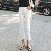 women jeans solid white high waist pockets soft cotton summer ankle length denim pants stretch fly frayed edge jeans for girls