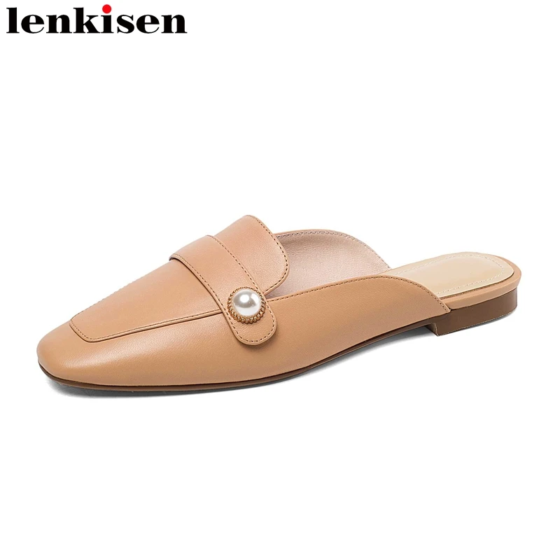 

Lenkisen concise style fashion full grain leather leisure slip on flats mules square toe pearl beauty lady convenient shoes L52