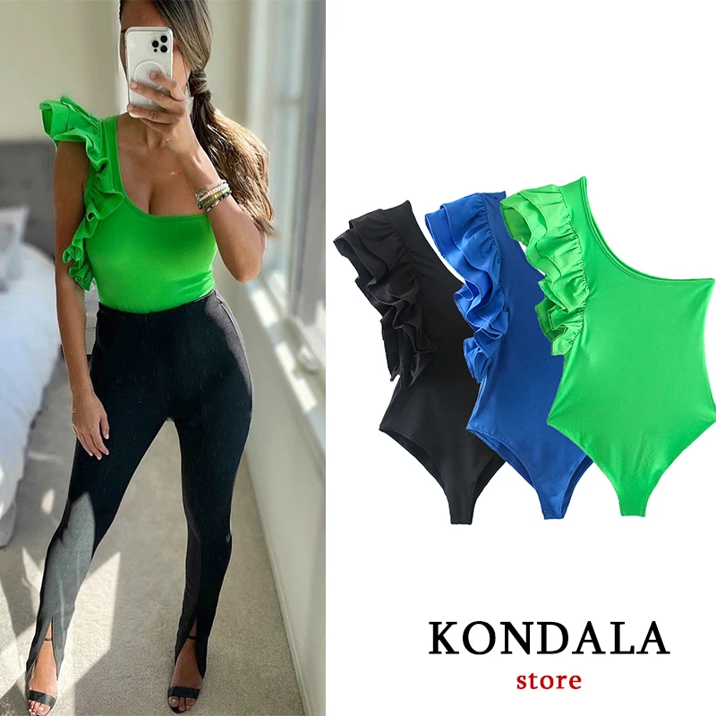 

Женское летнее бикини с одним открытым плечом и оборками