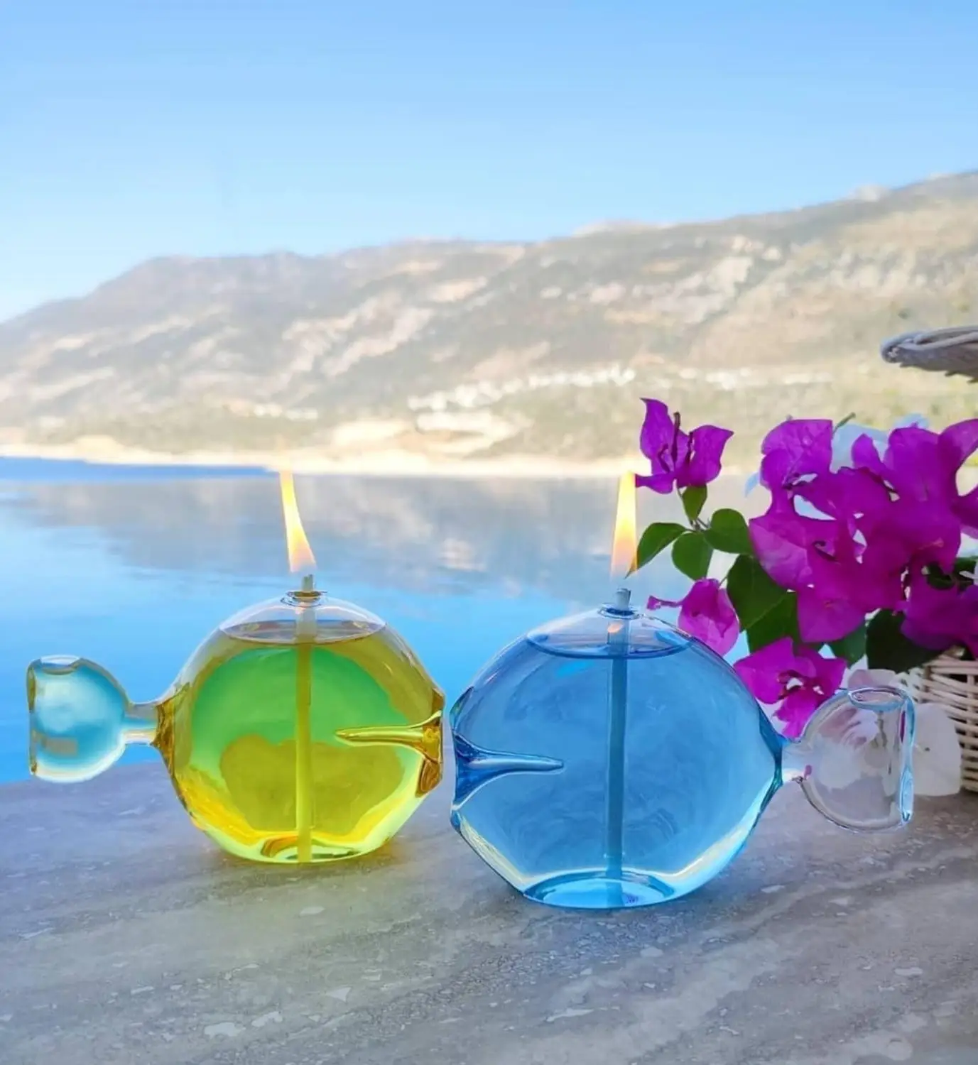 

Ocean Themed Oil Lamp, Glass , Balcony Decor, Marine Candle Holders , Summer Table, Mom Gift, Table in Style, Glass Fish Decor,