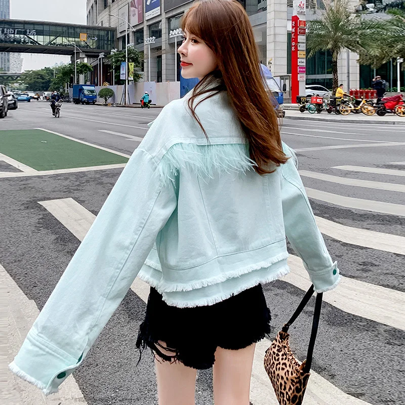 

Spring Autumn Light Green Jeans Jacket Single-breasted Frayed Burr Loose Diamond Fringe Long Sleeve Female Short Denim Outerwear