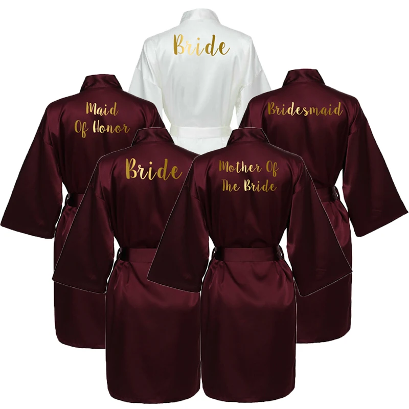 Bride Robe Bridesmaid Robes Silk Satin Robe Women Wedding Robes Bridal Robe Bathrobe Wine Red Gold Text