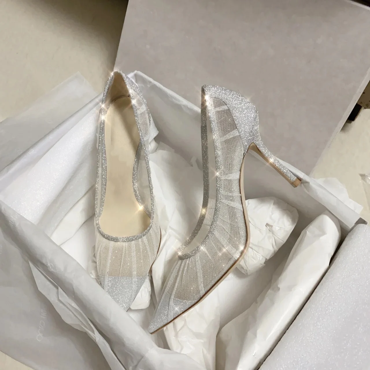

Lady Style Silver Gauze Point Shallow Flat Single Shoe Fairy High Heels
