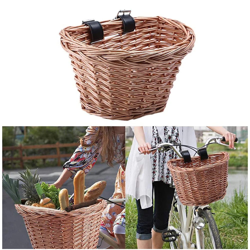 

Велосипедная плетеная корзина, винтажная велосипедная передняя корзина с ремешками из искусственной кожи