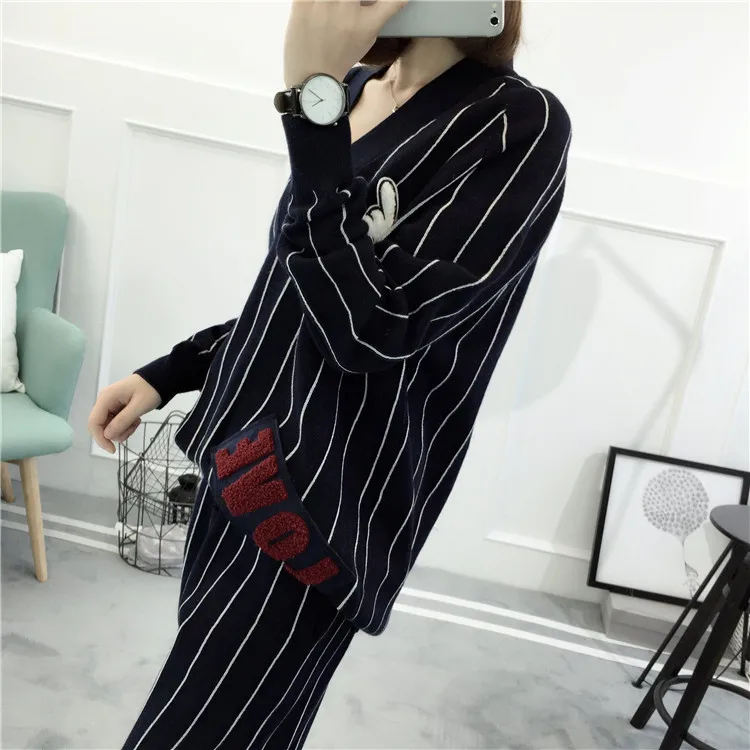 

2020 Real Sale V-neck Elastic Waist Full In The Autumn Of Korean V Collar Striped Sweater Female Fashion Suit Two Pieces Jacket