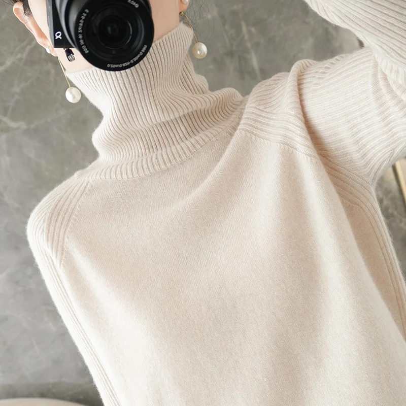 Autumn and winter new woolen sweater women's high neck solid color loose lazy pullover sweater bottoming sweater sweater