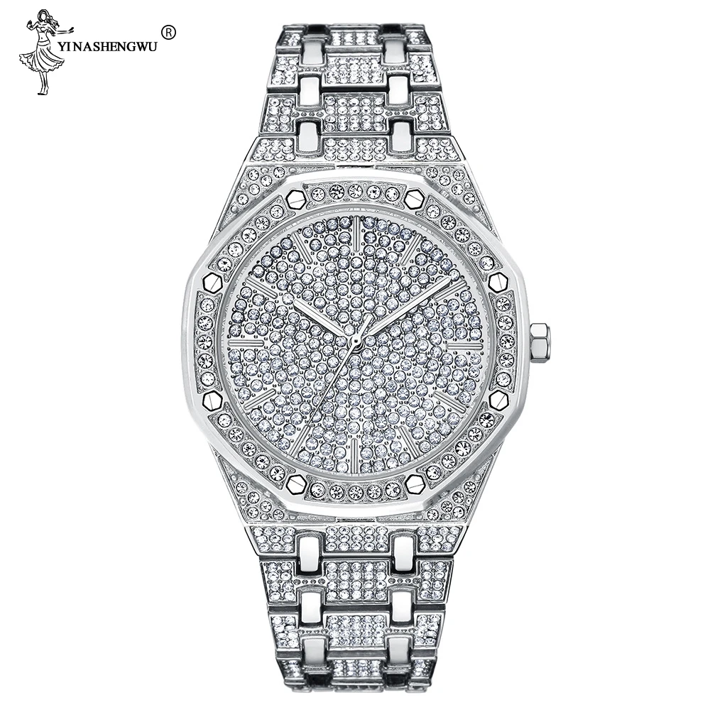 

Luxury Men Gold+Silver Watch Waterproof Hip Hop Bracelet Crystal Miami Iced Out Cuban Link Chain Braclete Pulsera For Male Gift