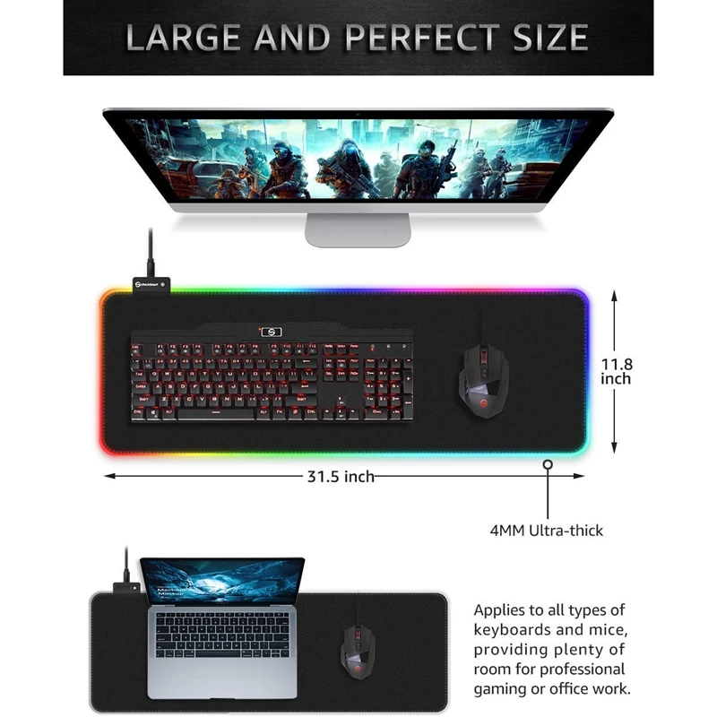 Игровой коврик для мыши RGB большой мягкий светодиодный с 14 режимами освещения и 2